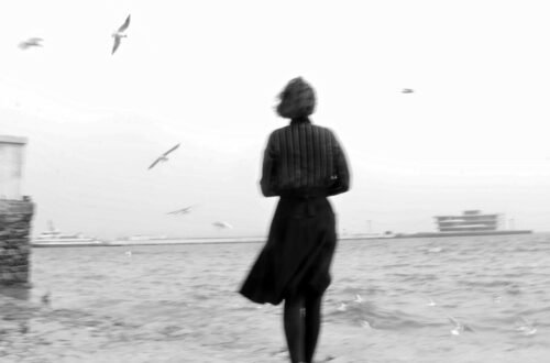 A woman walks along a waterfront in black and white, with birds flying around her.