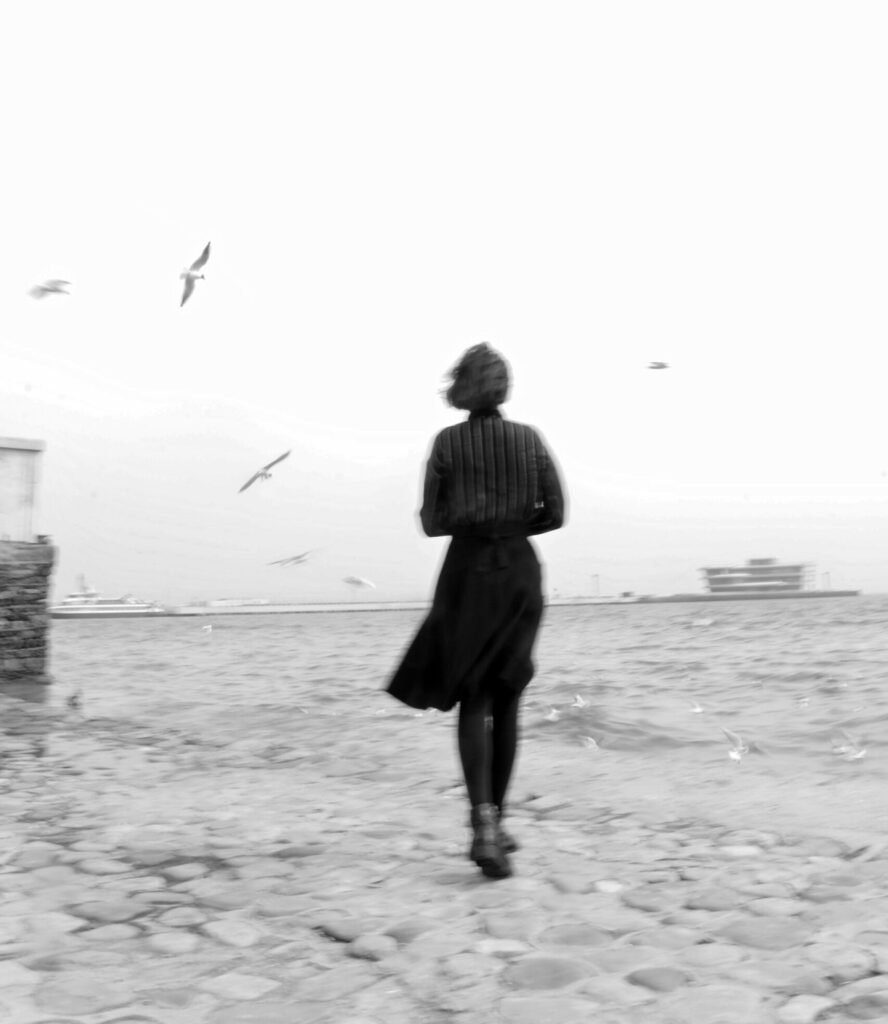 A woman walks along a waterfront in black and white, with birds flying around her.